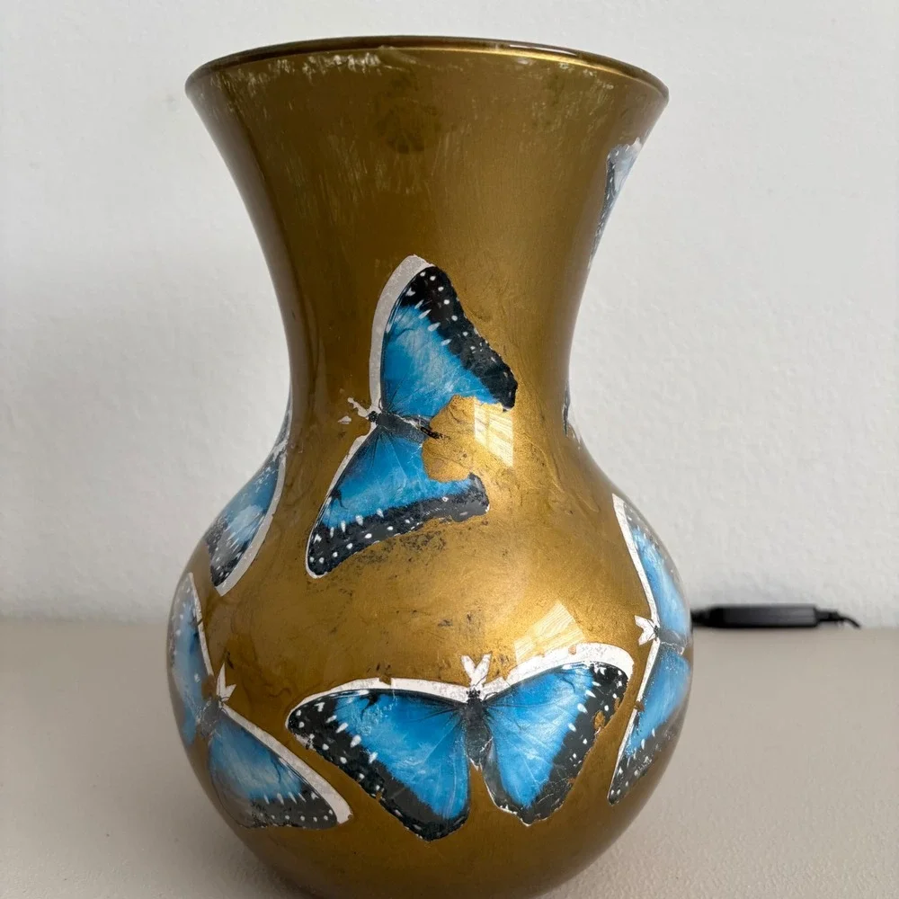 Vintage Hand Painted Gold Glass Vase Blue Butterfly Decoupage Floral Decor 9.5in